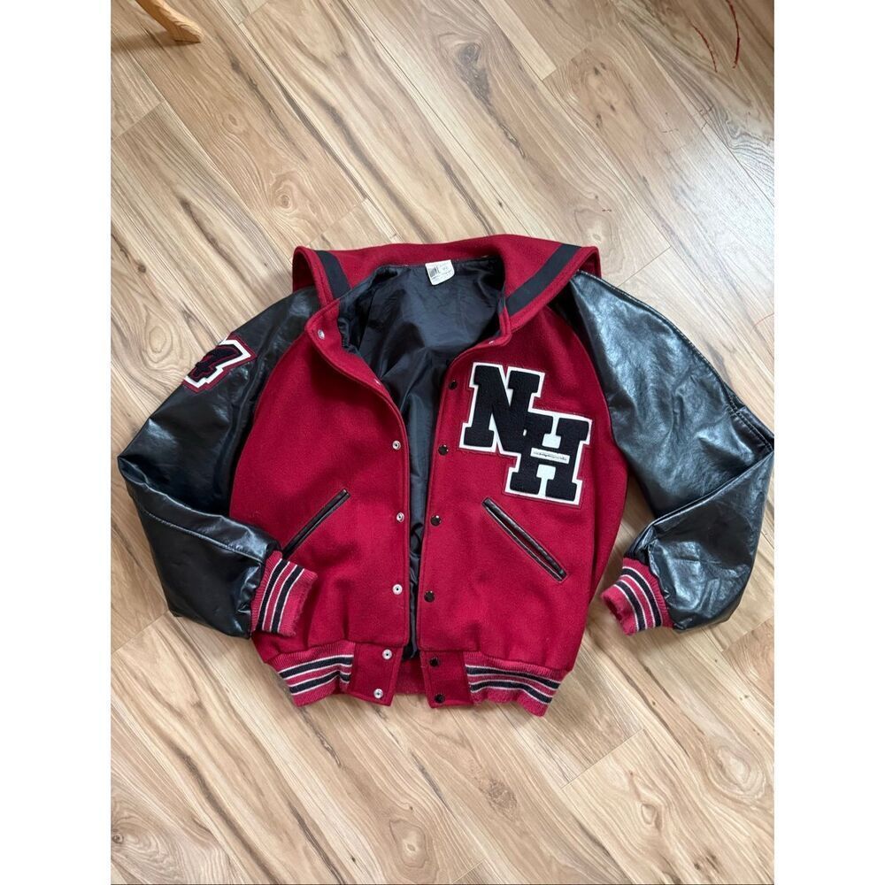 HOWE Athletic Apparel Womens Red Black Wool Vinyl Y2K Varsity Jacket Size 44